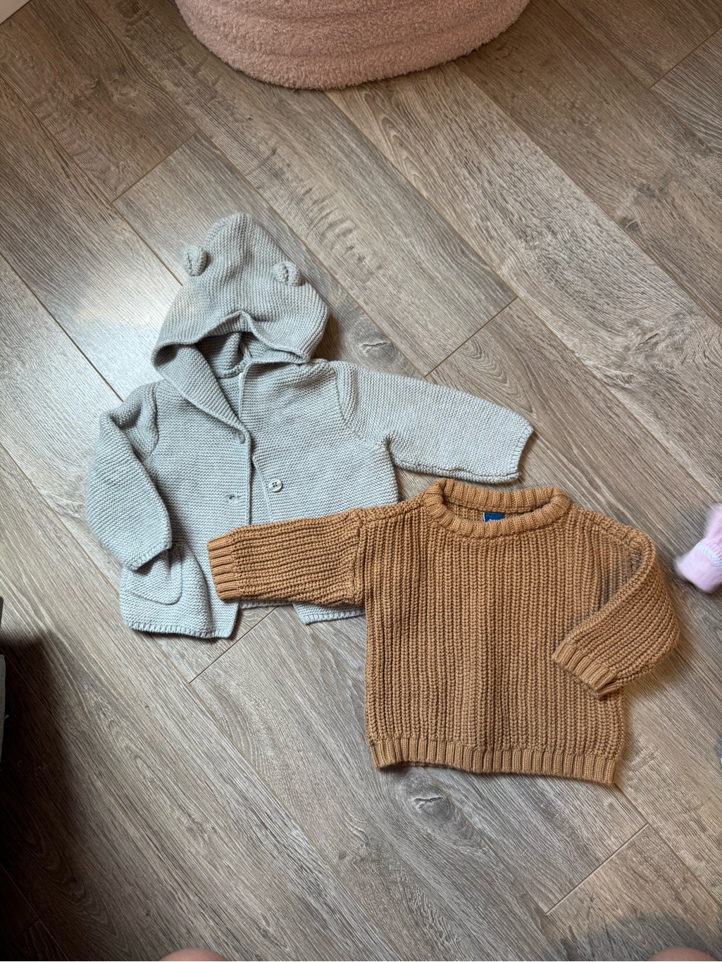 Cozy Knit Crewneck Sweater In Camel And Hooded Cardigan In Light Gray - Kids